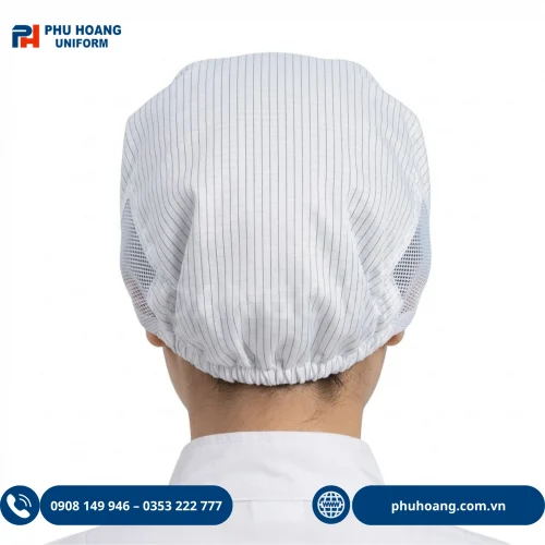 Nón phòng sạch chống tĩnh điện màu trắng có lưới thoáng khí, vải polyester pha sợi carbon Phú Hoàng Uniform.
