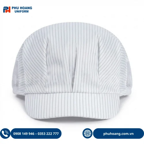Nón phòng sạch chống tĩnh điện màu trắng có lưới thoáng khí, vải polyester pha sợi carbon Phú Hoàng Uniform.
