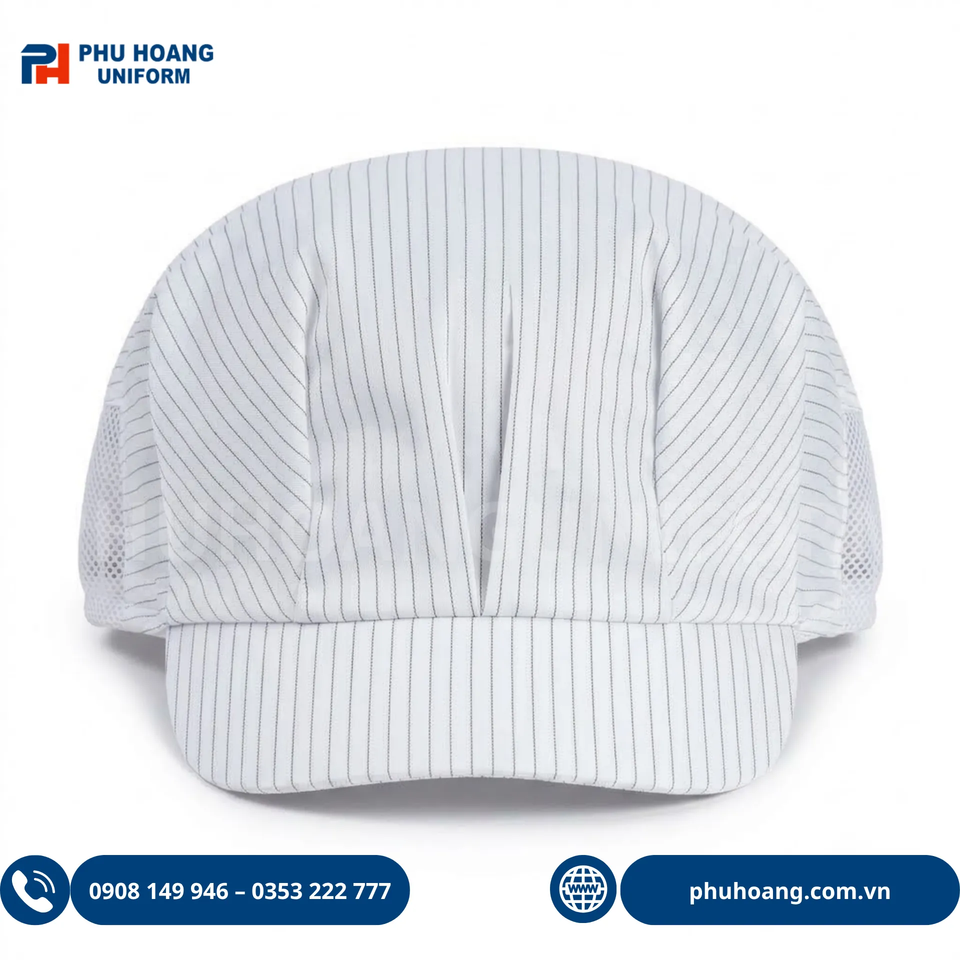 non-phong-sach-chong-tinh-dien-mau-trang (3) Nón phòng sạch chống tĩnh điện màu trắng có lưới thoáng khí, vải polyester pha sợi carbon Phú Hoàng Uniform.