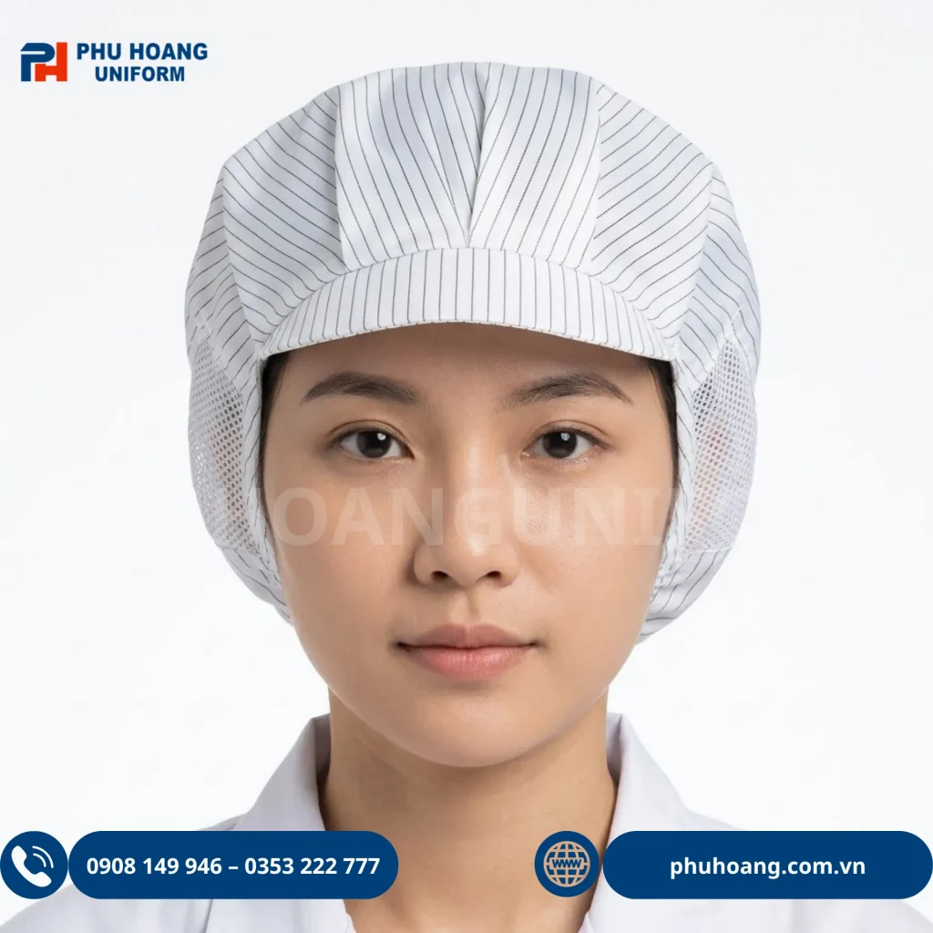 Nón phòng sạch chống tĩnh điện màu trắng Nón phòng sạch chống tĩnh điện màu trắng có lưới thoáng khí, vải polyester pha sợi carbon Phú Hoàng Uniform.