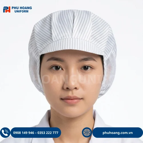 Nón phòng sạch chống tĩnh điện màu trắng có lưới thoáng khí, vải polyester pha sợi carbon Phú Hoàng Uniform.