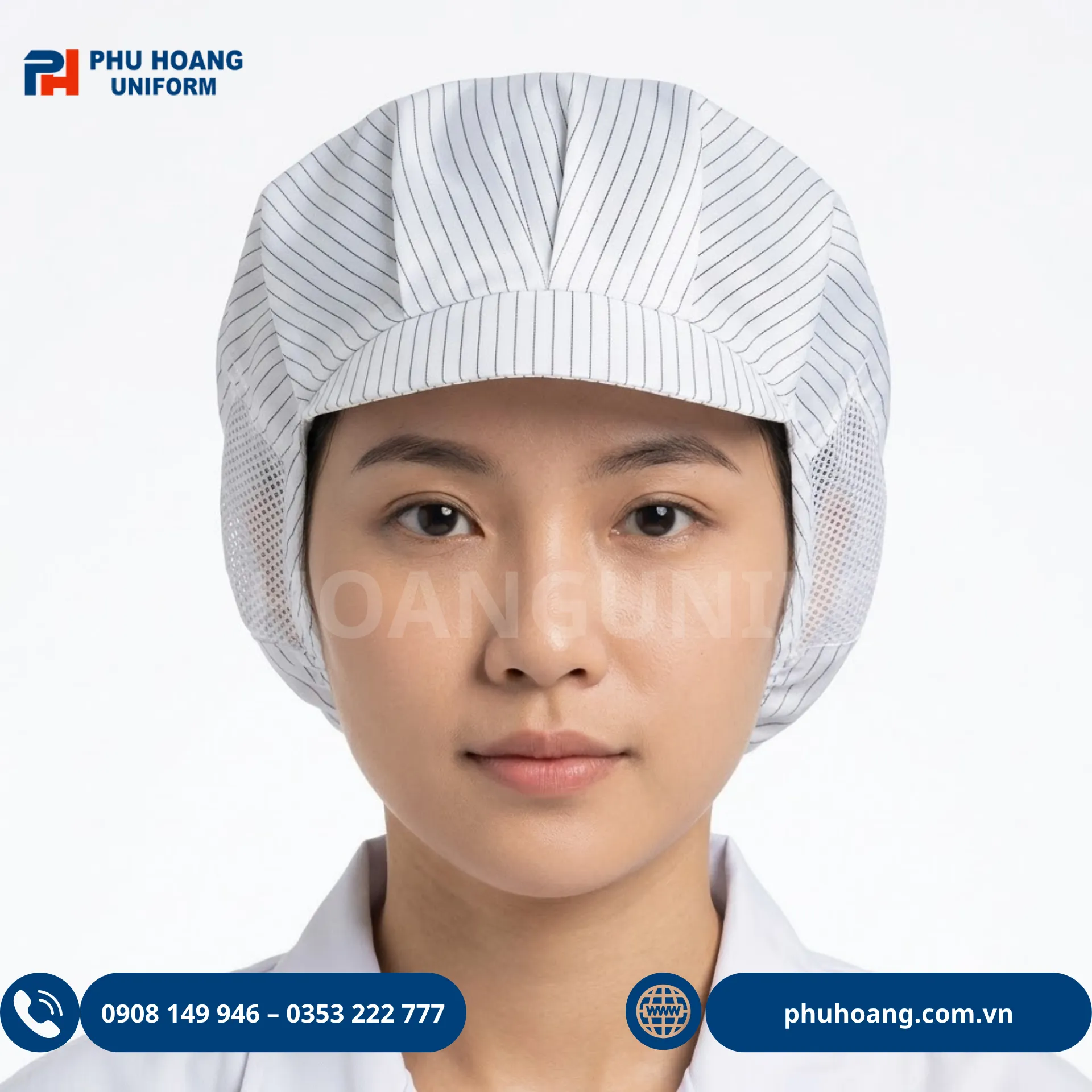non-phong-sach-chong-tinh-dien-mau-trang (4) Nón phòng sạch chống tĩnh điện màu trắng có lưới thoáng khí, vải polyester pha sợi carbon Phú Hoàng Uniform.