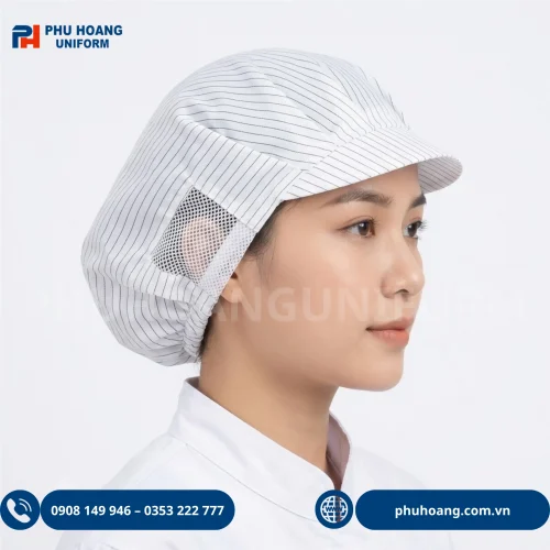 Nón phòng sạch chống tĩnh điện màu trắng có lưới thoáng khí, vải polyester pha sợi carbon Phú Hoàng Uniform.