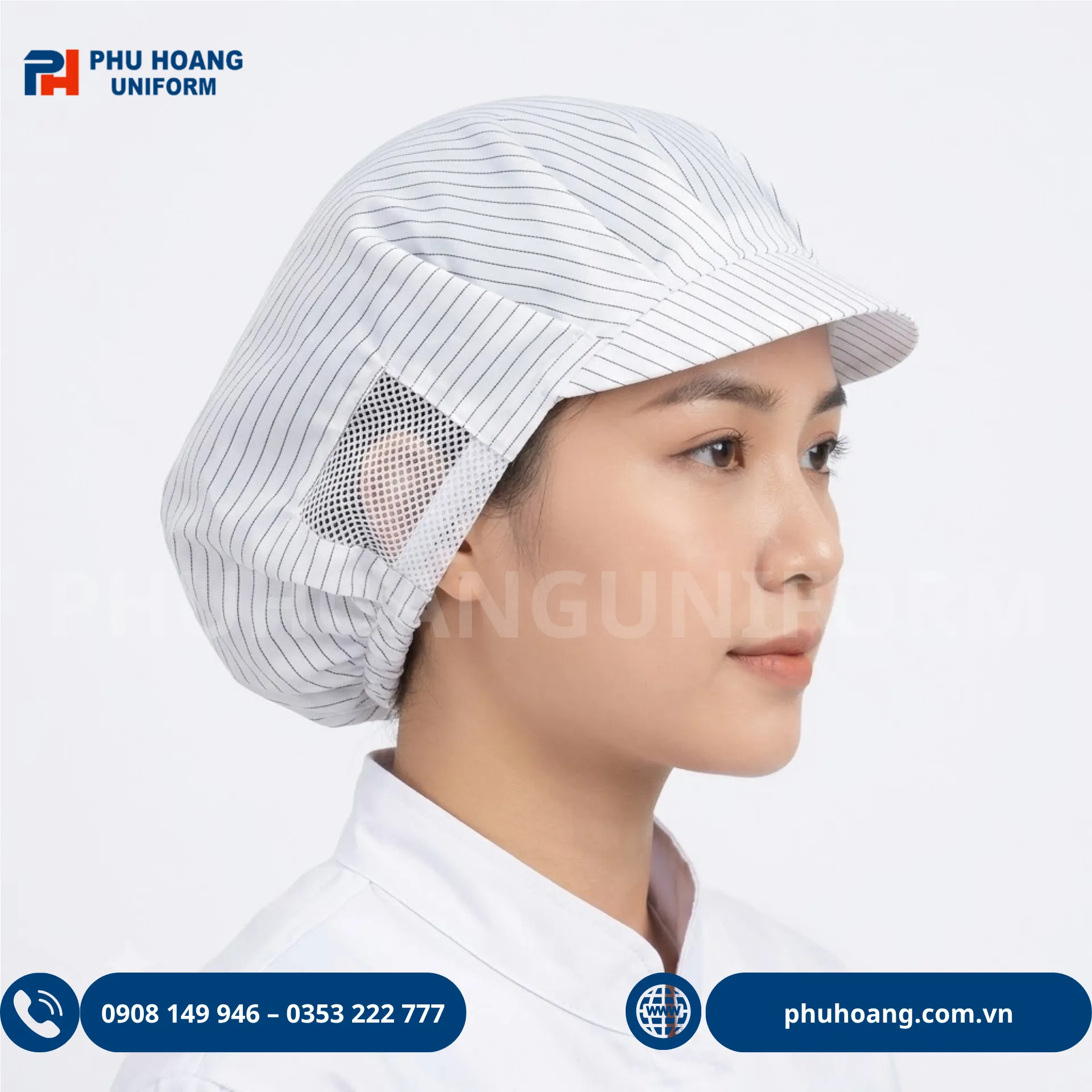 non-phong-sach-chong-tinh-dien-mau-trang (5) Nón phòng sạch chống tĩnh điện màu trắng có lưới thoáng khí, vải polyester pha sợi carbon Phú Hoàng Uniform.