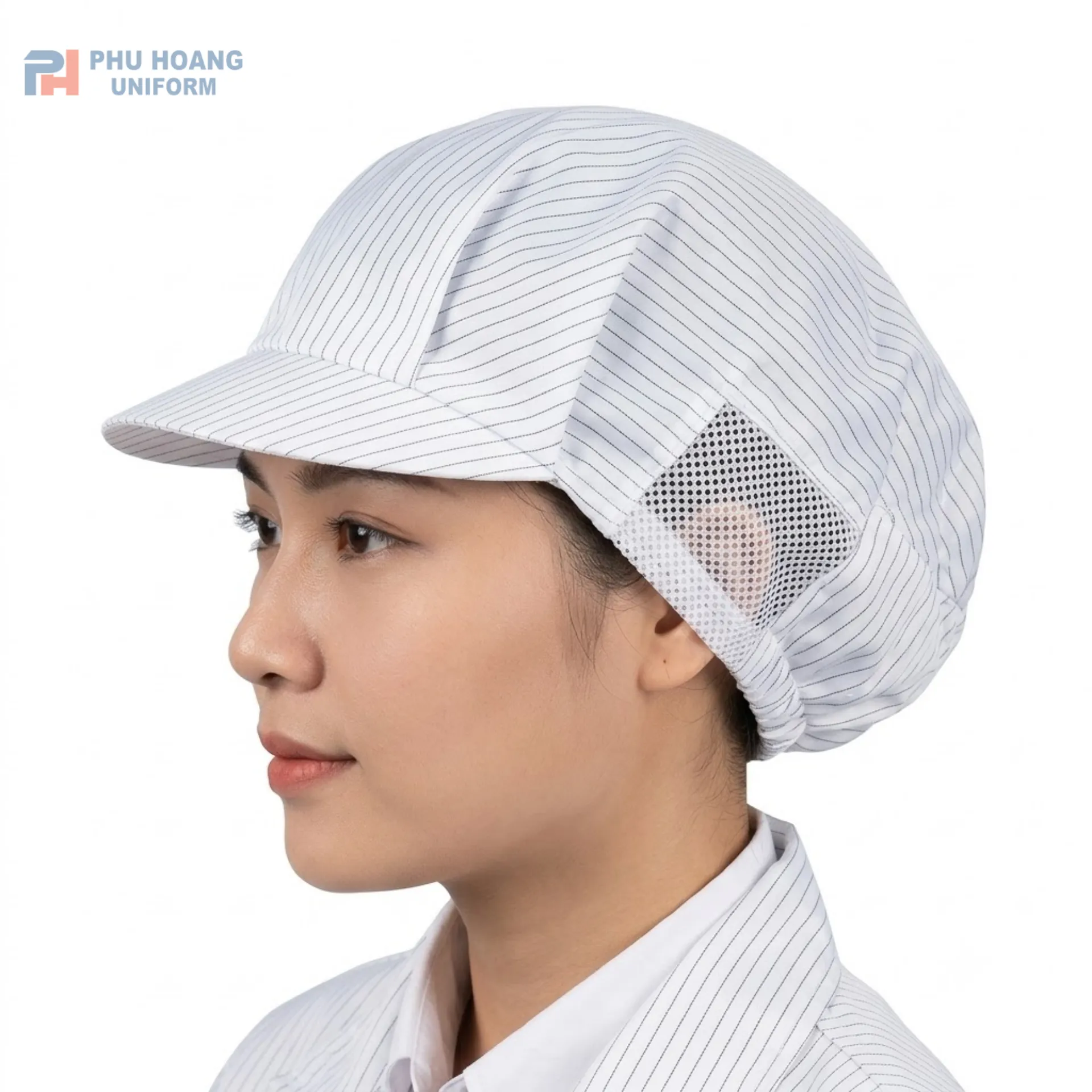 non-phong-sach-chong-tinh-dien-mau-trang Nón phòng sạch chống tĩnh điện màu trắng có lưới thoáng khí, vải polyester pha sợi carbon Phú Hoàng Uniform.