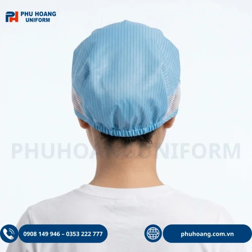 Nón phòng sạch chống tĩnh điện màu xanh dương cao cấp tại Phú Hoàng Uniform.