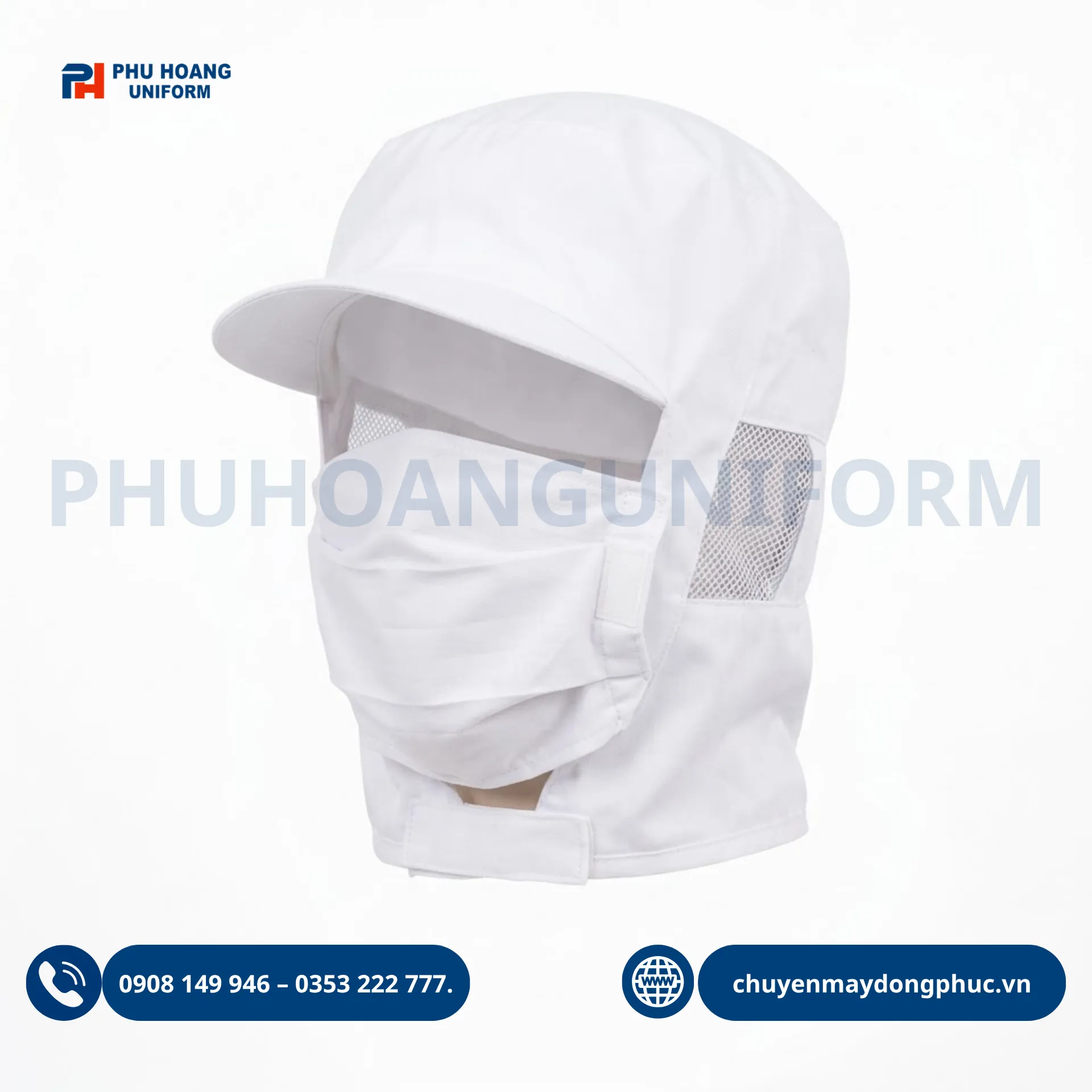 non-thuy-san-trum-dau-khau-trang-mau-trang (2) Nón trùm đầu thủy sản khẩu trang màu trắng thương hiệu Phú Hoàng Uniform bảo hộ an toàn thực phẩm.