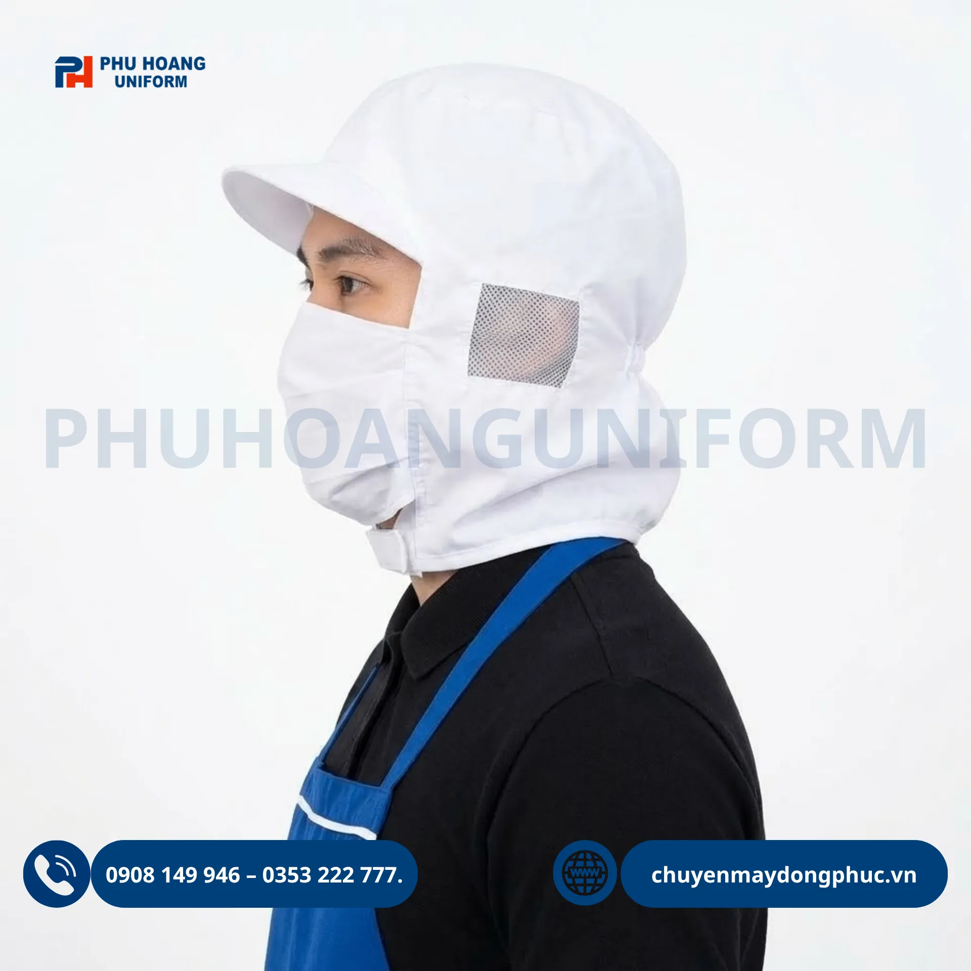 non-thuy-san-trum-dau-khau-trang-mau-trang (3) Nón trùm đầu thủy sản khẩu trang màu trắng thương hiệu Phú Hoàng Uniform bảo hộ an toàn thực phẩm.