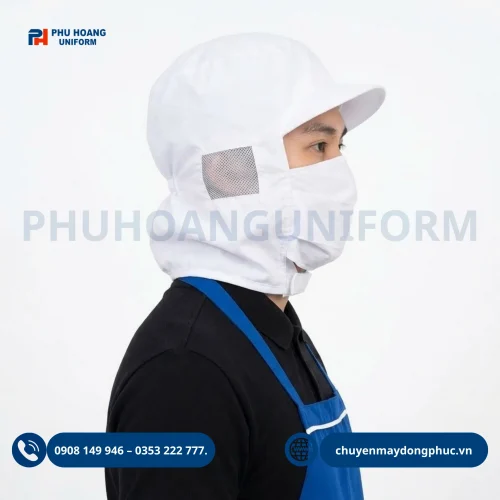 Nón trùm đầu thủy sản khẩu trang màu trắng thương hiệu Phú Hoàng Uniform bảo hộ an toàn thực phẩm.