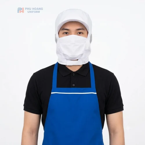 Nón trùm đầu thủy sản khẩu trang màu trắng thương hiệu Phú Hoàng Uniform bảo hộ an toàn thực phẩm.