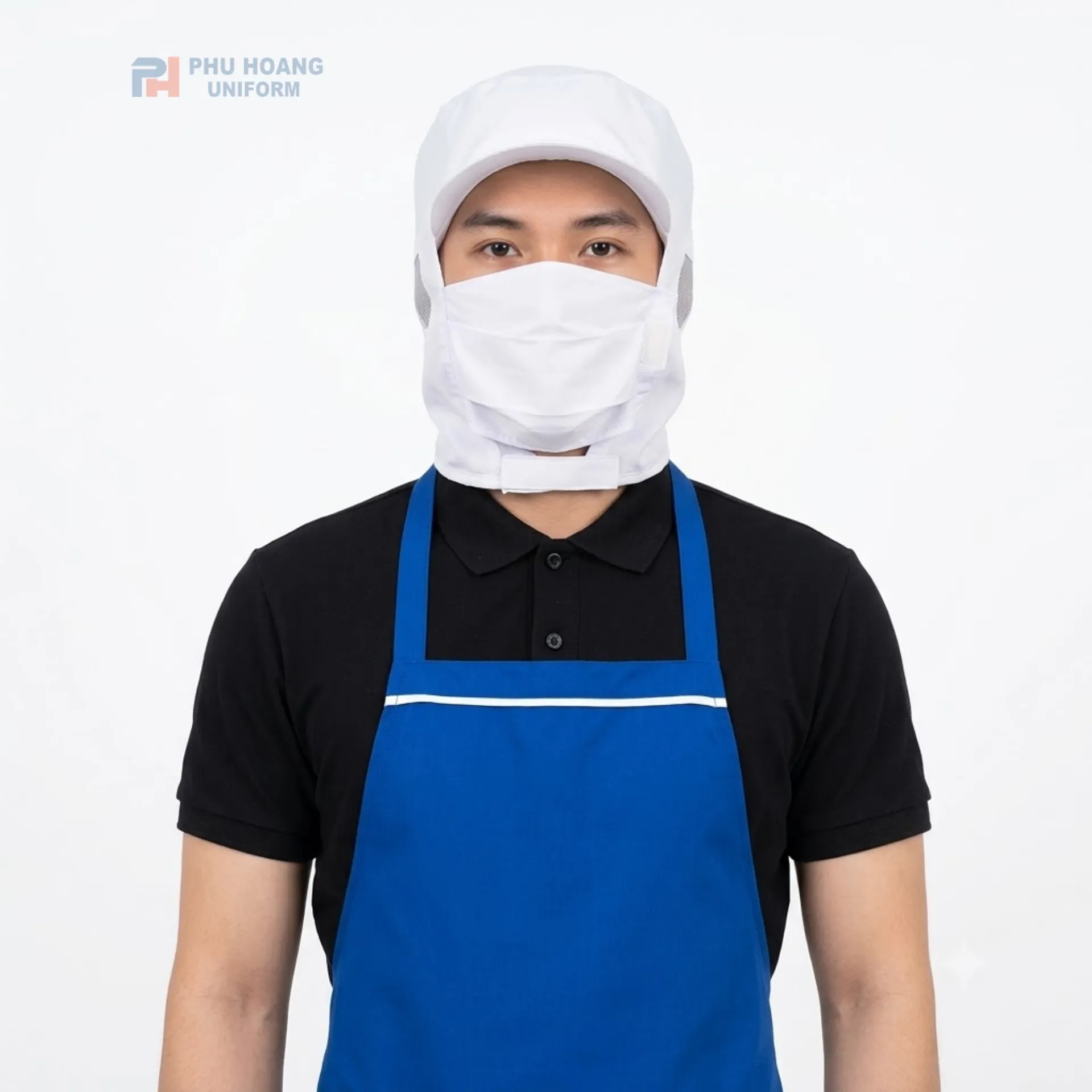 non-thuy-san-trum-dau-khau-trang-mau-trang Nón trùm đầu thủy sản khẩu trang màu trắng thương hiệu Phú Hoàng Uniform bảo hộ an toàn thực phẩm.