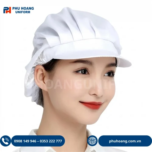 Nón thủy sản trùm đầu màu trắng cao cấp chuẩn phòng sạch Phú Hoàng Uniform