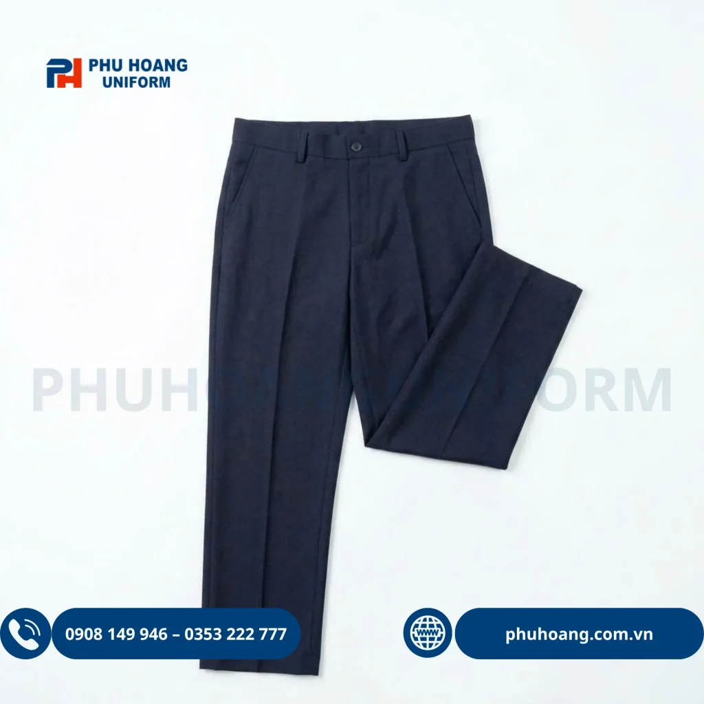 Quần bảo vệ màu xanh đen Khám phá mẫu quần bảo vệ xanh đen chất liệu vải kaki cao cấp từ Phú Hoàng Uniform. Thiết kế chuẩn form, bền bỉ, thoáng mát, lưng thun linh hoạt. Hotline: 0353.222.777.