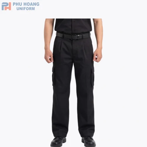 Quần bảo vệ túi hộp màu đen Phú Hoàng, thiết kế lịch sự, phù hợp cho đồng phục bảo vệ công ty, nhà hàng, khách sạn.