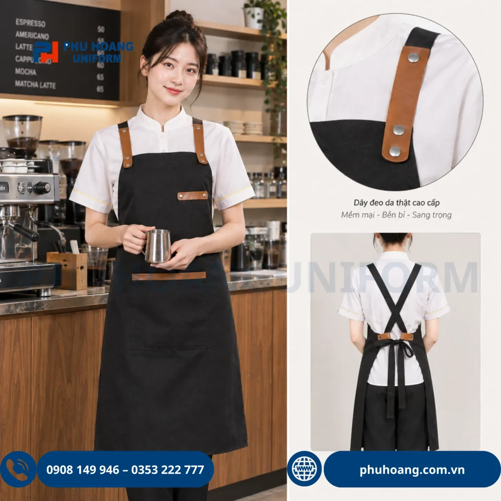 Tạp dề dây chéo phối da cao cấp Phú Hoàng tạp dề dây chéo phối da thật màu đen phối nâu da bò phong cách vintage cho nhà hàng cafe