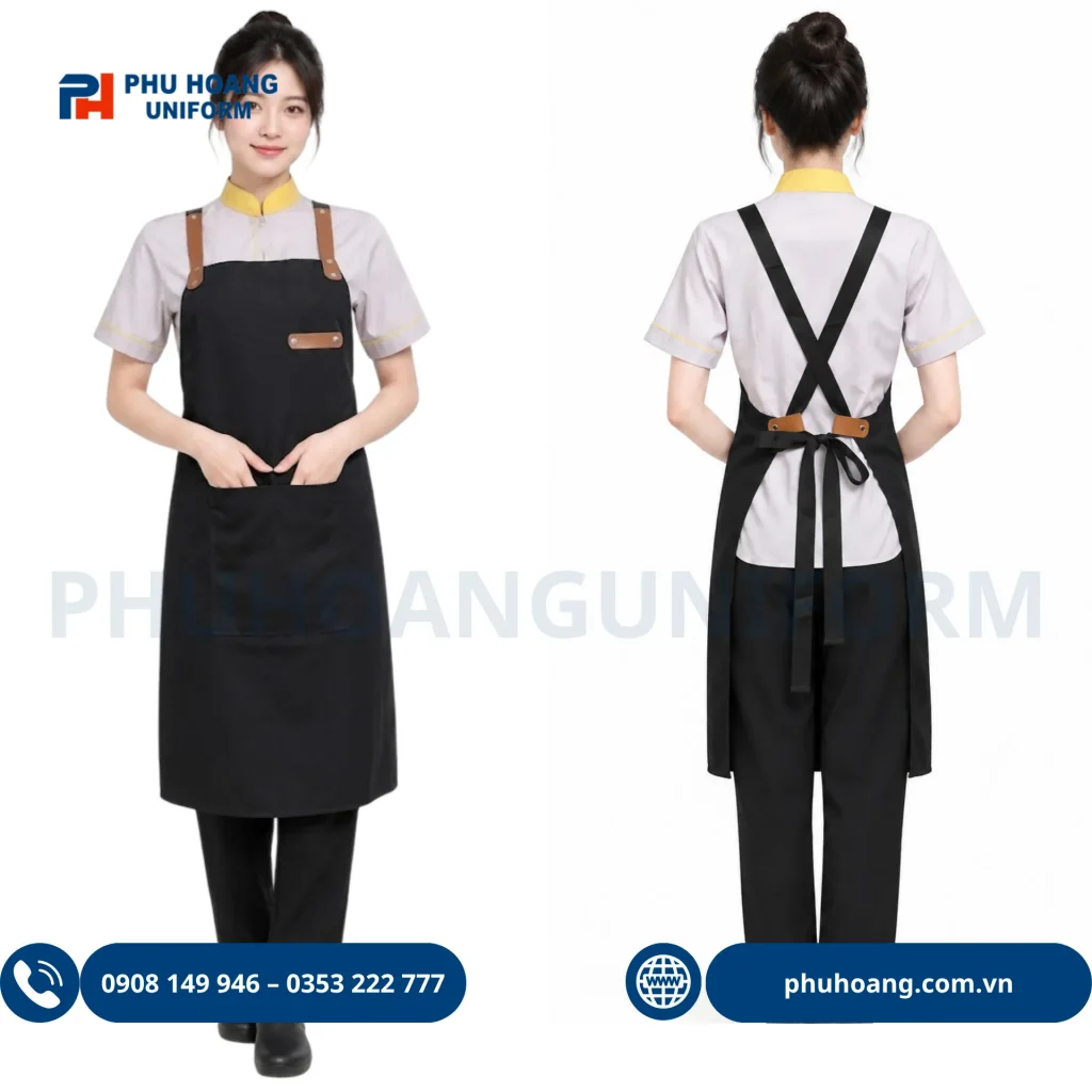 Tạp dề dây chéo phối da cao cấp Phú Hoàng tạp dề dây chéo phối da thật màu đen phối nâu da bò phong cách vintage cho nhà hàng cafe