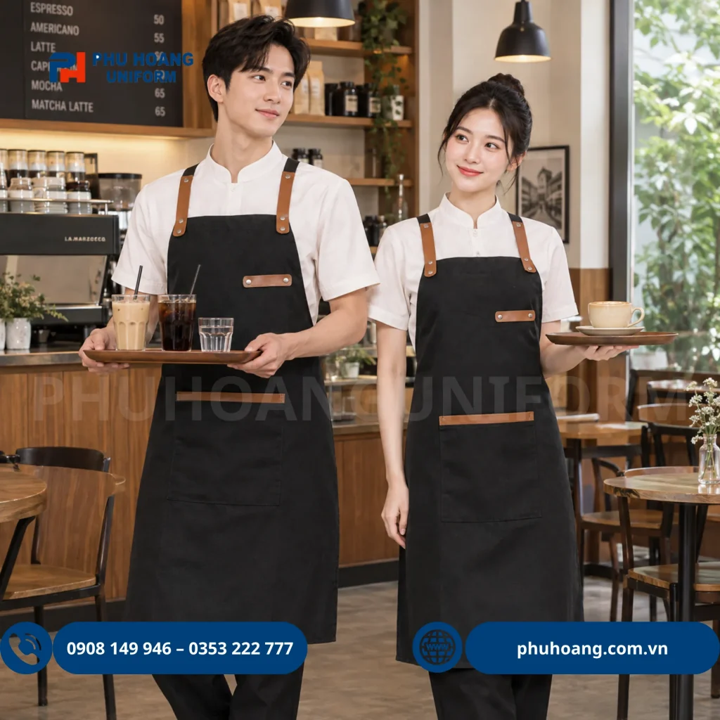 Tạp dề dây chéo phối da cao cấp Phú Hoàng tạp dề dây chéo phối da thật màu đen phối nâu da bò phong cách vintage cho nhà hàng cafe