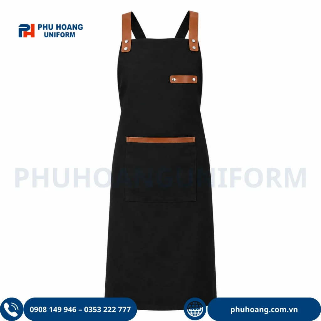 Tạp dề dây chéo phối da cao cấp Phú Hoàng tạp dề dây chéo phối da thật màu đen phối nâu da bò phong cách vintage cho nhà hàng cafe