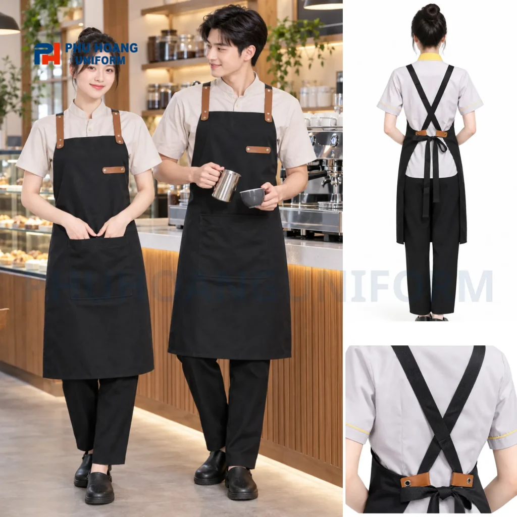 Tạp dề dây chéo phối da cao cấp Phú Hoàng tạp dề dây chéo phối da thật màu đen phối nâu da bò phong cách vintage cho nhà hàng cafe