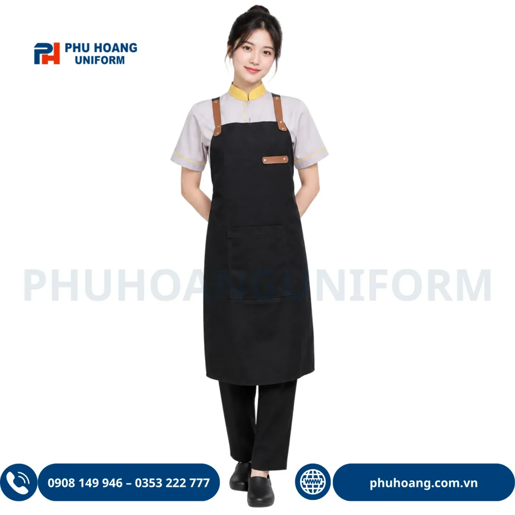 Tạp dề dây chéo phối da cao cấp Phú Hoàng tạp dề dây chéo phối da thật màu đen phối nâu da bò phong cách vintage cho nhà hàng cafe