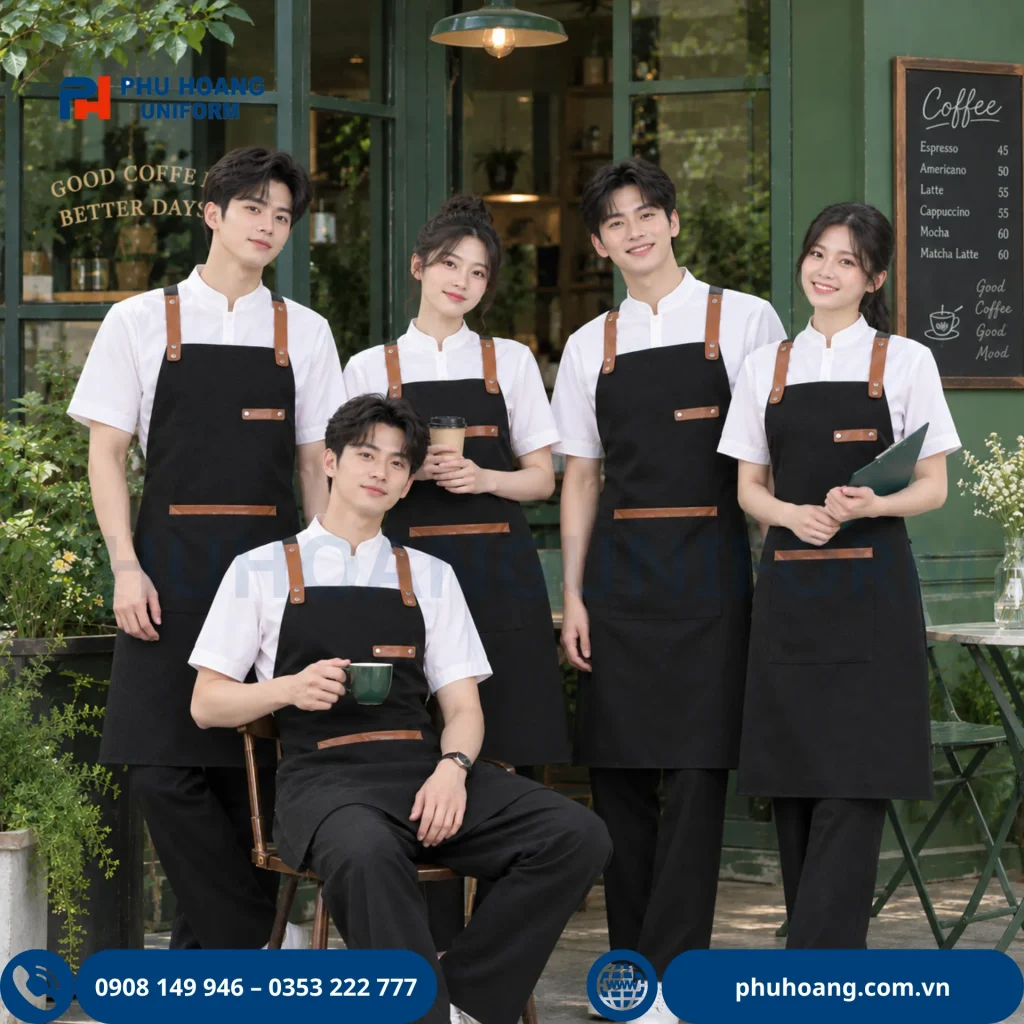 Tạp dề dây chéo phối da cao cấp Phú Hoàng tạp dề dây chéo phối da thật màu đen phối nâu da bò phong cách vintage cho nhà hàng cafe