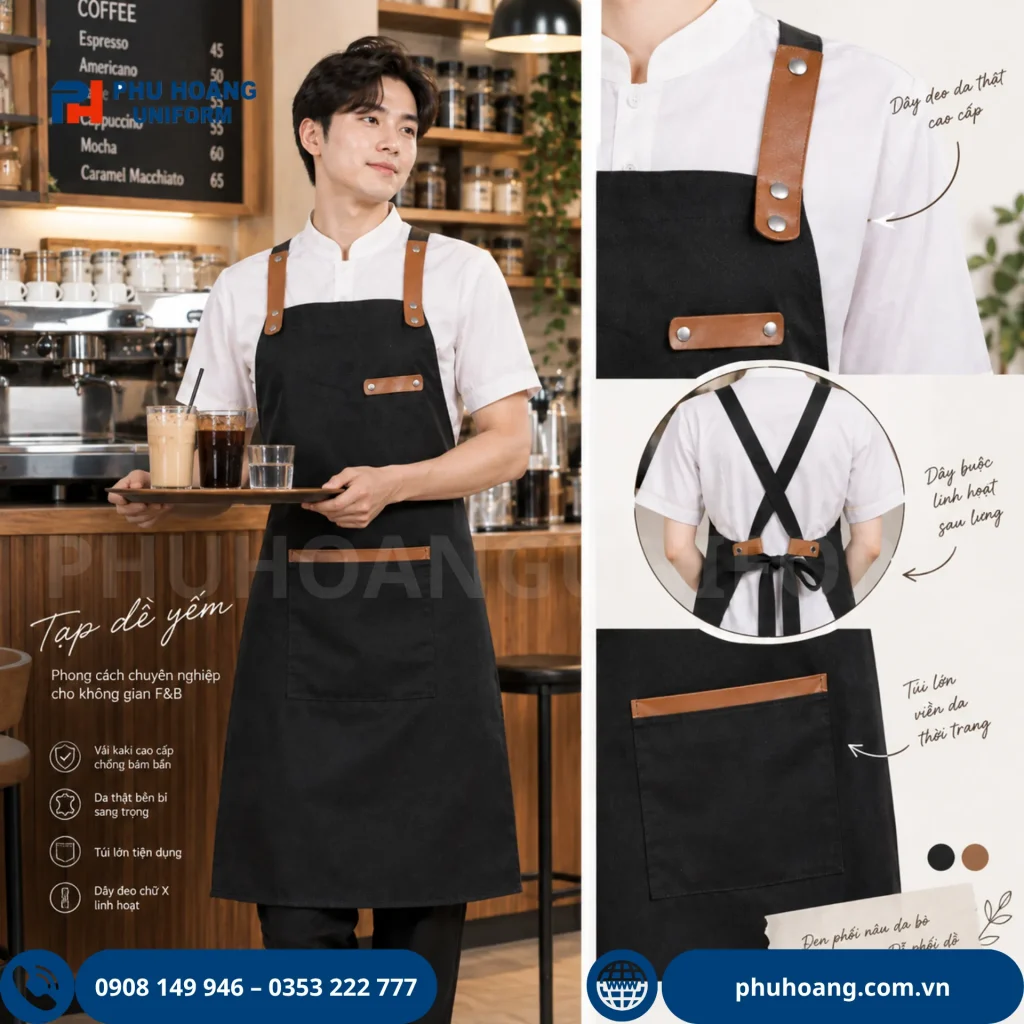 Tạp dề dây chéo phối da cao cấp Phú Hoàng tạp dề dây chéo phối da thật màu đen phối nâu da bò phong cách vintage cho nhà hàng cafe
