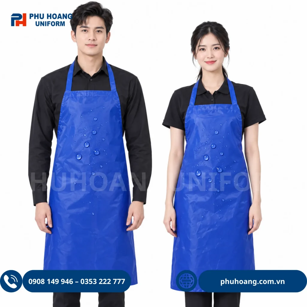 TẠP DỀ NILON CHỐNG THẤM NƯỚC MÀU XANH DƯƠNG Hình ảnh người mẫu nam và nữ mặc mẫu tạp dề nilon màu xanh dương cao cấp kích thước 100x75cm, chống thấm nước, chuyên dùng cho nhà hàng và quán cafe.