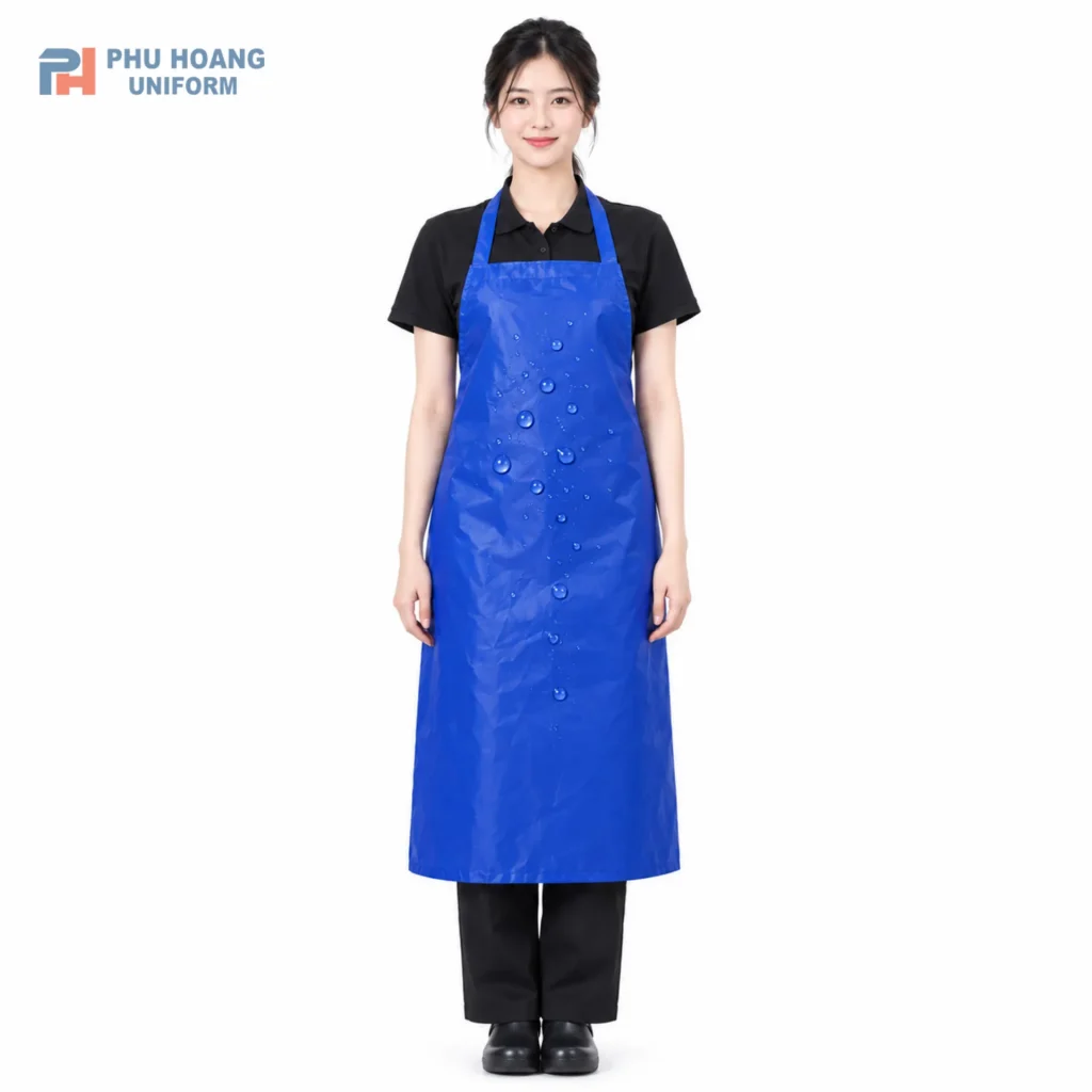 TẠP DỀ NILON CHỐNG THẤM NƯỚC MÀU XANH DƯƠNG Hình ảnh người mẫu nam và nữ mặc mẫu tạp dề nilon màu xanh dương cao cấp kích thước 100x75cm, chống thấm nước, chuyên dùng cho nhà hàng và quán cafe.