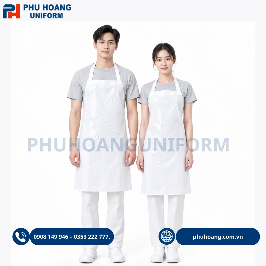 Mẫu tạp dề nilon chống thấm nước màu xanh đen do Phú Hoàng sản xuất Tạp dề nilon chống thấm nước màu trắng chất lượng cao, thiết kế tiện lợi giúp bảo vệ quần áo sạch sẽ khi làm việc.
