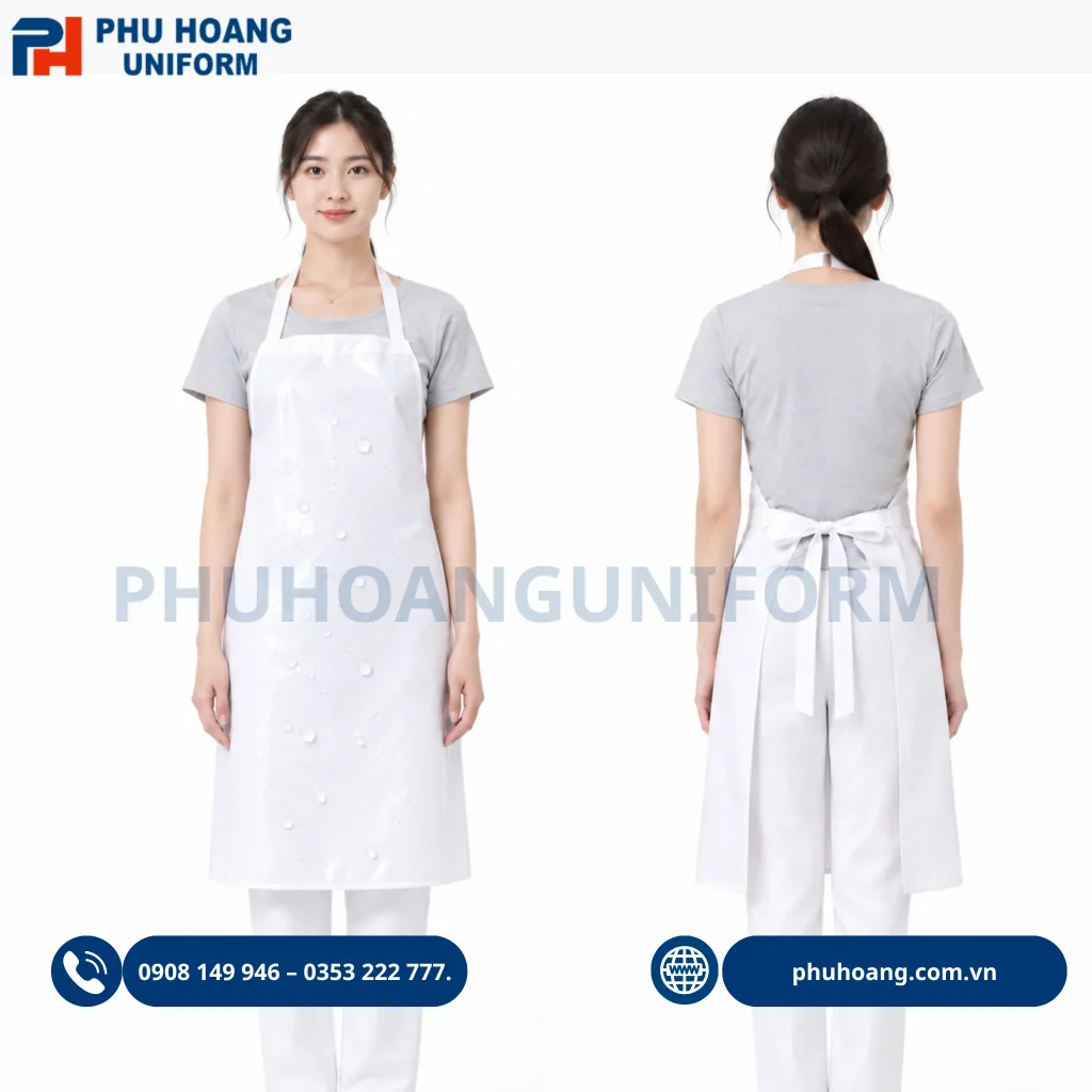 Mẫu tạp dề nilon chống thấm nước màu xanh đen do Phú Hoàng sản xuất Tạp dề nilon chống thấm nước màu trắng chất lượng cao, thiết kế tiện lợi giúp bảo vệ quần áo sạch sẽ khi làm việc.