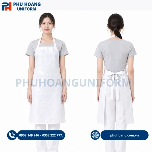 Tạp dề nilon chống thấm nước màu trắng chất lượng cao, thiết kế tiện lợi giúp bảo vệ quần áo sạch sẽ khi làm việc.