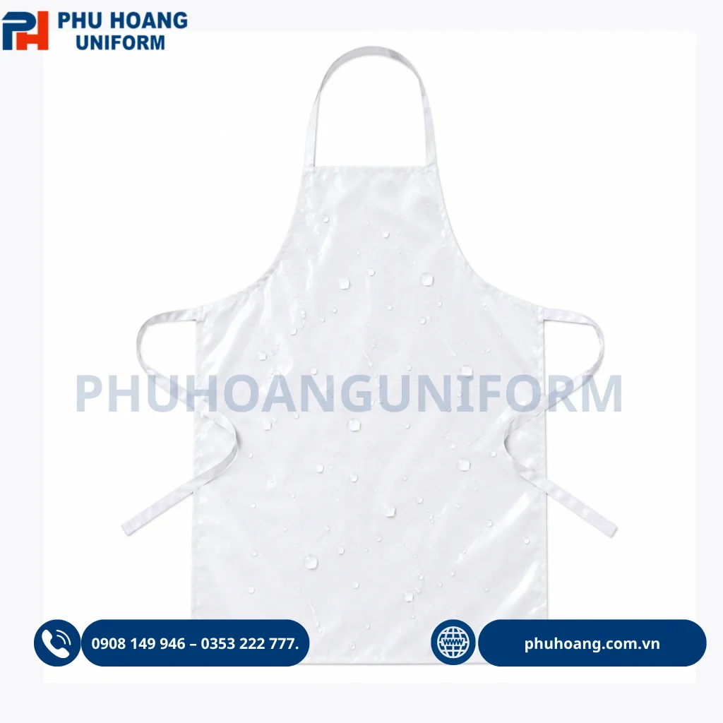 Mẫu tạp dề nilon chống thấm nước màu xanh đen do Phú Hoàng sản xuất Tạp dề nilon chống thấm nước màu trắng chất lượng cao, thiết kế tiện lợi giúp bảo vệ quần áo sạch sẽ khi làm việc.