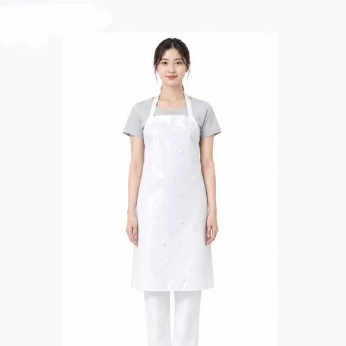 Tạp dề nilon chống thấm nước màu trắng chất lượng cao, thiết kế tiện lợi giúp bảo vệ quần áo sạch sẽ khi làm việc.