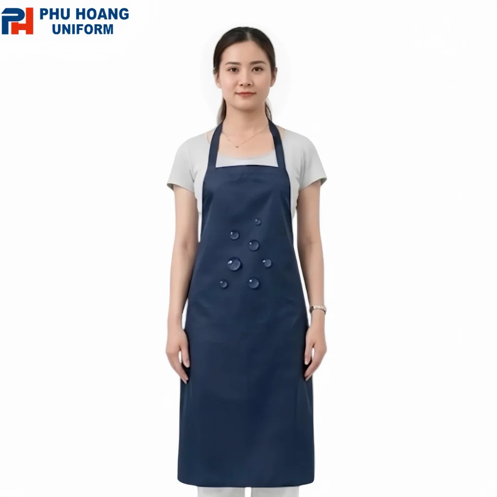 Mẫu tạp dề nilon chống thấm nước màu xanh đen do Phú Hoàng sản xuất Tạp dề nilon màu xanh đen có thiết kế đơn giản, nhẹ, dễ vệ sinh và phù hợp sử dụng trong nhà hàng, quán ăn, bếp và các môi trường cần bảo vệ trang phục.