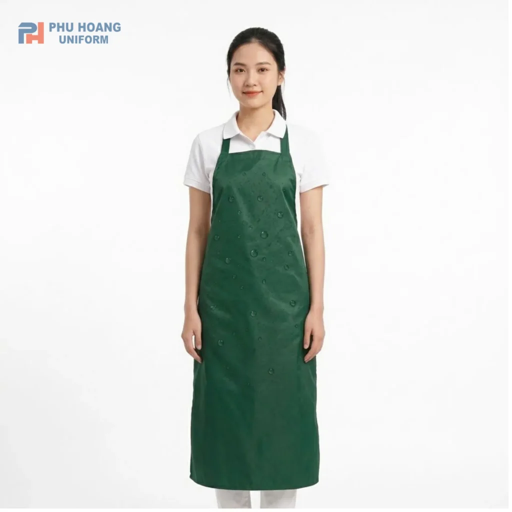 TẠP DỀ NILON CHỐNG THẤM XANH LÁ ĐẬM Hình ảnh người mẫu mặc mẫu tạp dề nilon màu xanh lá đậm cao cấp kích thước 100x75cm, chống thấm nước, chuyên dùng cho nông sản và thực phẩm sạch.