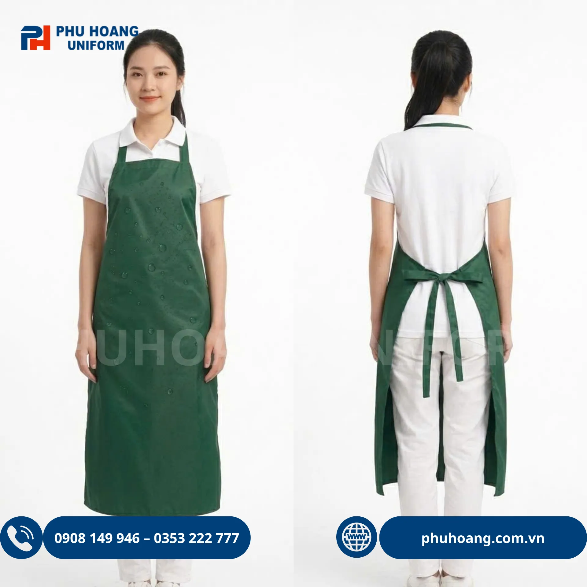 tap-de-nilon-chong-tham-nuoc-xanh-la-dam (3) Hình ảnh người mẫu mặc mẫu tạp dề nilon màu xanh lá đậm cao cấp kích thước 100x75cm, chống thấm nước, chuyên dùng cho nông sản và thực phẩm sạch.