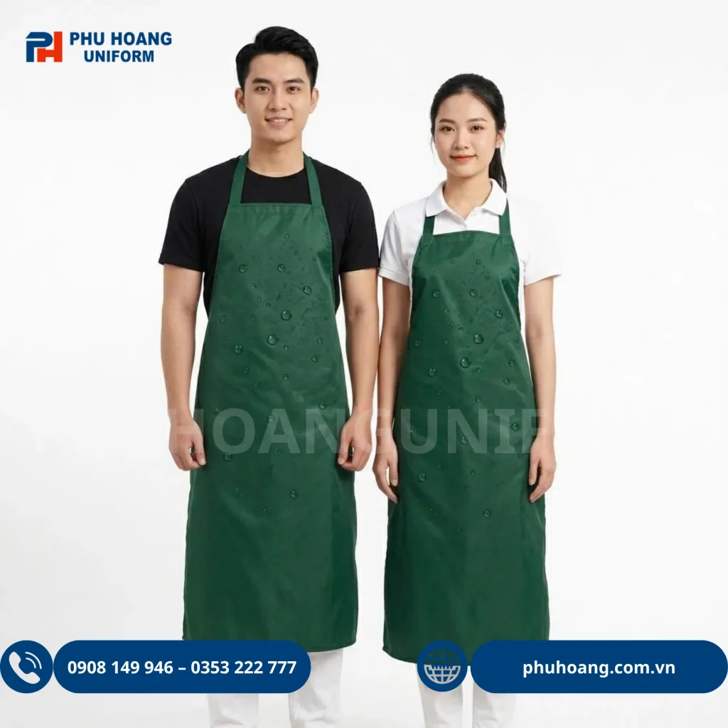 TẠP DỀ NILON CHỐNG THẤM XANH LÁ ĐẬM Hình ảnh người mẫu mặc mẫu tạp dề nilon màu xanh lá đậm cao cấp kích thước 100x75cm, chống thấm nước, chuyên dùng cho nông sản và thực phẩm sạch.
