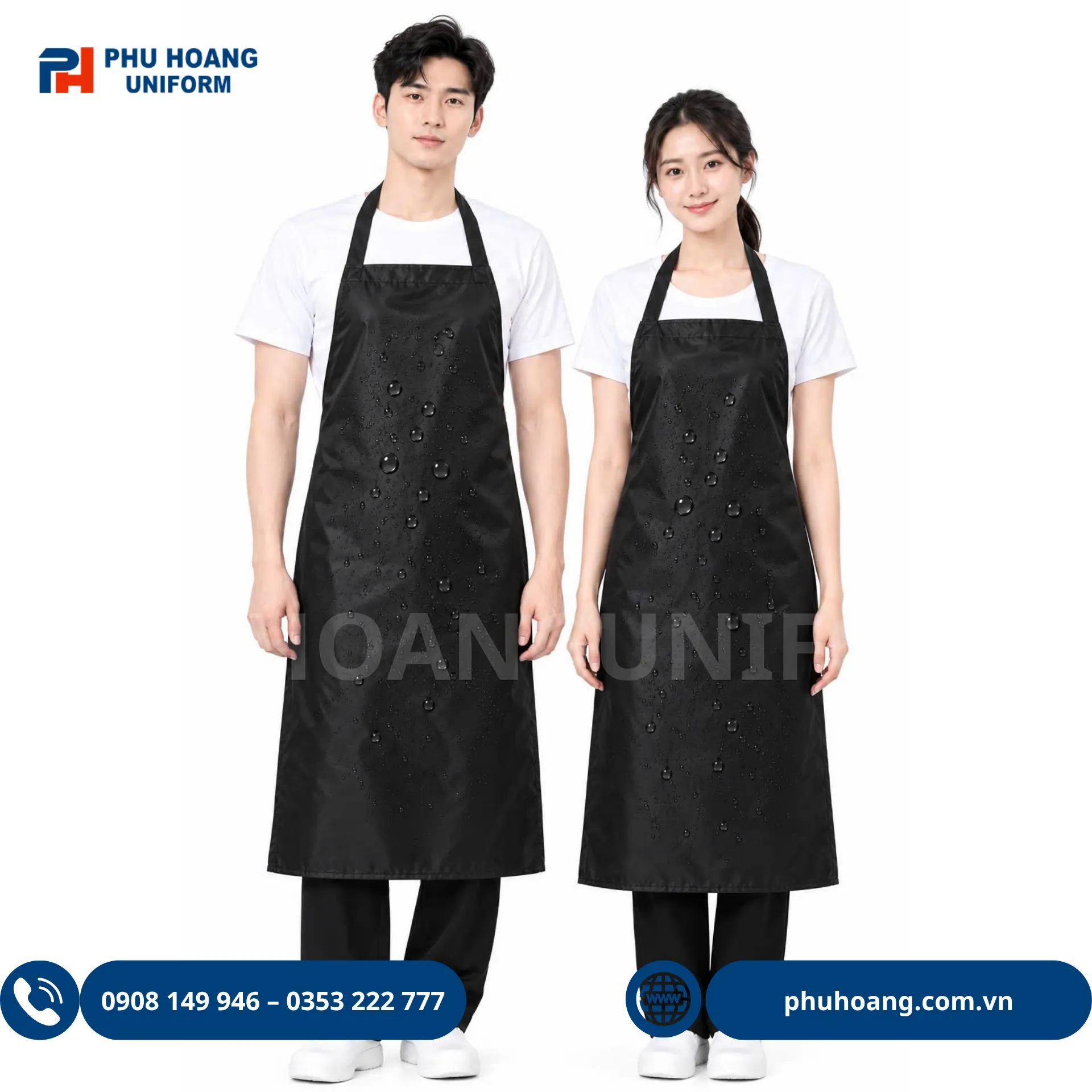 tap-de-nilon-mau-den Hình ảnh nam và nữ mặc mẫu tạp dề nilon màu đen cao cấp, kích thước 100x75cm, chống thấm nước tuyệt đối, phù hợp cho nhà bếp, salon tóc và công nghiệp.