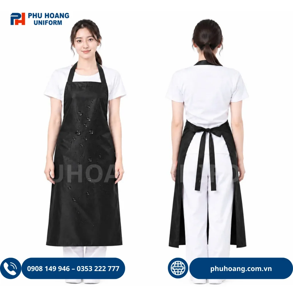 TẠP DỀ NILON ĐEN Hình ảnh nam và nữ mặc mẫu tạp dề nilon màu đen cao cấp, kích thước 100x75cm, chống thấm nước tuyệt đối, phù hợp cho nhà bếp, salon tóc và công nghiệp.
