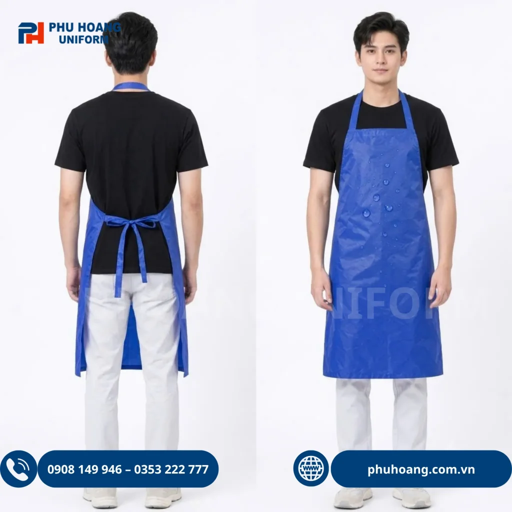 TẠP DỀ NILON CHỐNG THẤM MÀU XANH DƯƠNG Hình ảnh người mẫu nam và nữ mặc mẫu tạp dề nilon màu xanh dương cao cấp kích thước 100x75cm, chống thấm nước, chuyên dùng cho nhà hàng và quán cafe.