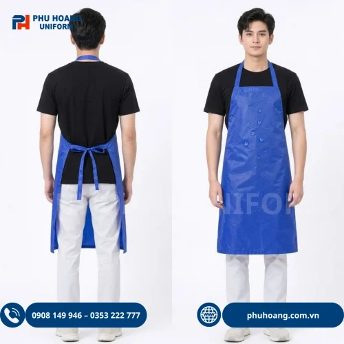 Hình ảnh người mẫu nam và nữ mặc mẫu tạp dề nilon màu xanh dương cao cấp kích thước 100x75cm, chống thấm nước, chuyên dùng cho nhà hàng và quán cafe.