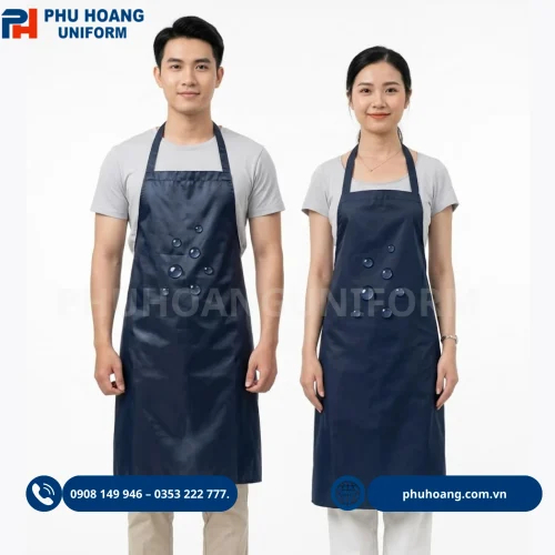 Tạp dề nilon màu xanh đen có thiết kế đơn giản, nhẹ, dễ vệ sinh và phù hợp sử dụng trong nhà hàng, quán ăn, bếp và các môi trường cần bảo vệ trang phục.