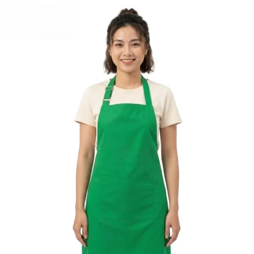 Tạp dề yếm có tăng đưa màu xanh lá, thiết kế gọn gàng, nổi bật, phù hợp làm đồng phục nhà hàng, quán ăn, quán cà phê