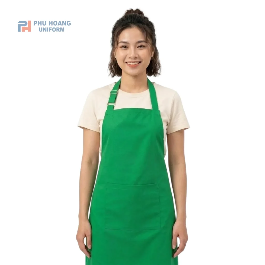 Tạp dề yếm có tăng đưa màu xanh lá do Phú Hoàng sản xuất Tạp dề yếm có tăng đưa màu xanh lá, thiết kế gọn gàng, nổi bật, phù hợp làm đồng phục nhà hàng, quán ăn, quán cà phê
