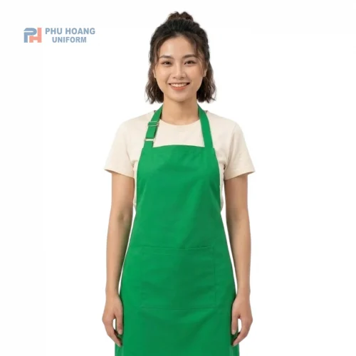 Tạp dề yếm có tăng đưa màu xanh lá, thiết kế gọn gàng, nổi bật, phù hợp làm đồng phục nhà hàng, quán ăn, quán cà phê