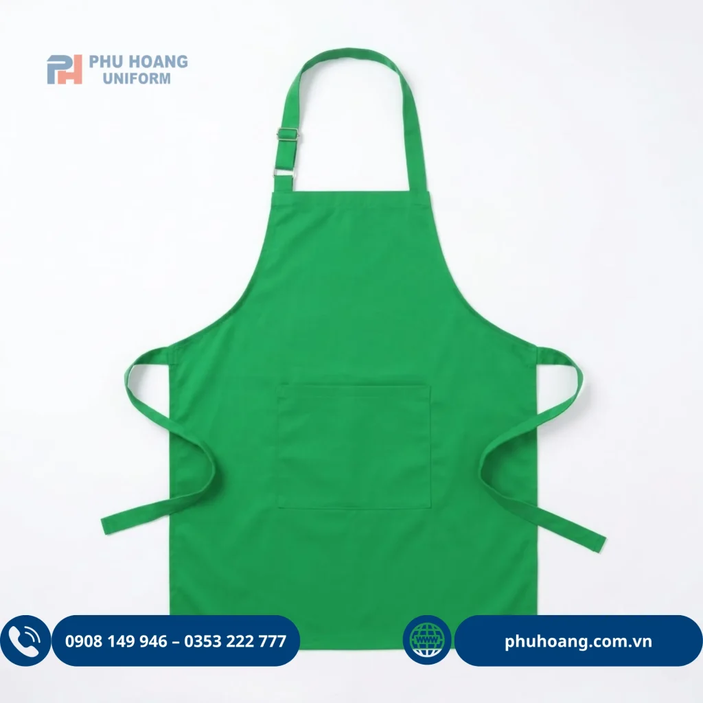 Tạp dề yếm có tăng đưa màu xanh lá do Phú Hoàng sản xuất Tạp dề yếm có tăng đưa màu xanh lá, thiết kế gọn gàng, nổi bật, phù hợp làm đồng phục nhà hàng, quán ăn, quán cà phê