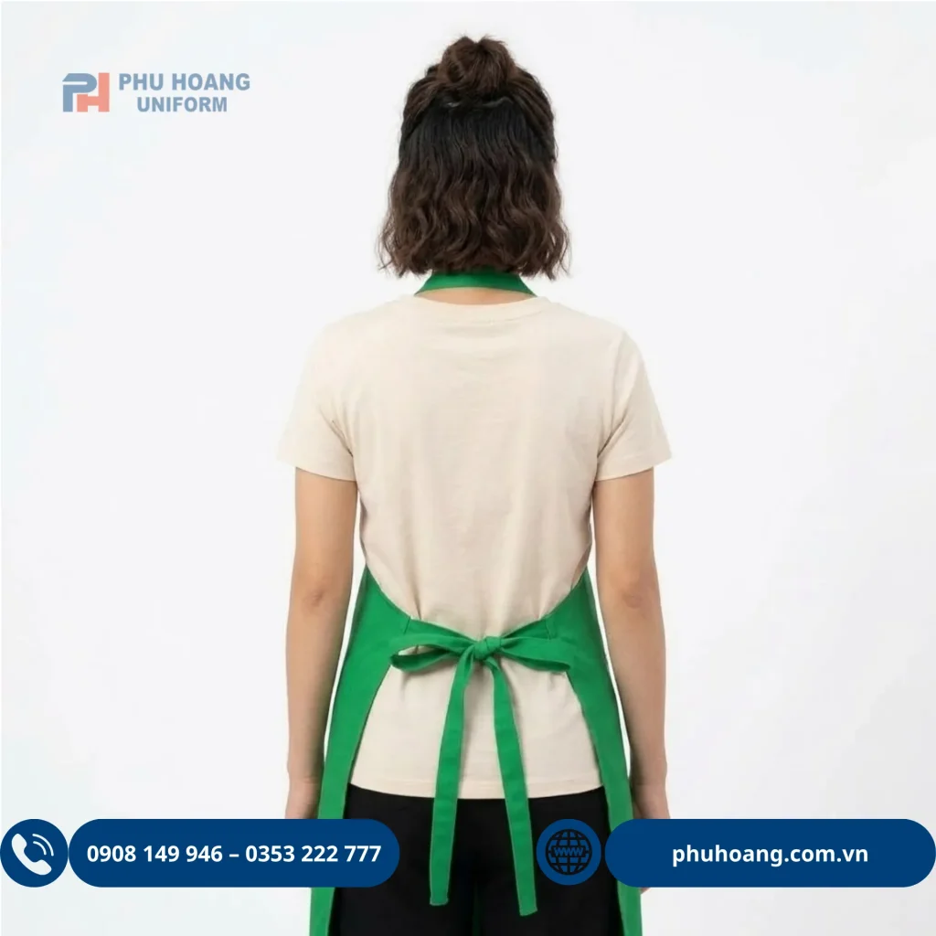 Tạp dề yếm có tăng đưa màu xanh lá do Phú Hoàng sản xuất Tạp dề yếm có tăng đưa màu xanh lá, thiết kế gọn gàng, nổi bật, phù hợp làm đồng phục nhà hàng, quán ăn, quán cà phê
