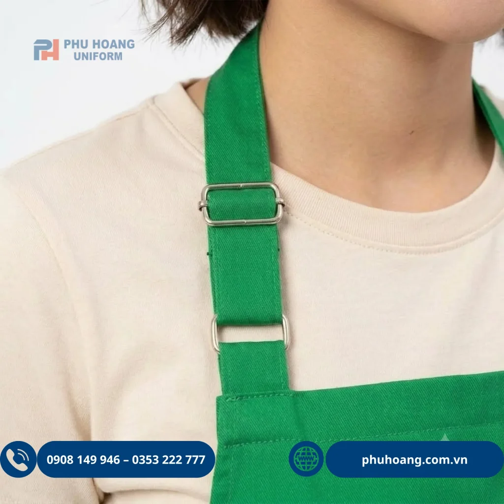 Tạp dề yếm có tăng đưa màu xanh lá do Phú Hoàng sản xuất Tạp dề yếm có tăng đưa màu xanh lá, thiết kế gọn gàng, nổi bật, phù hợp làm đồng phục nhà hàng, quán ăn, quán cà phê