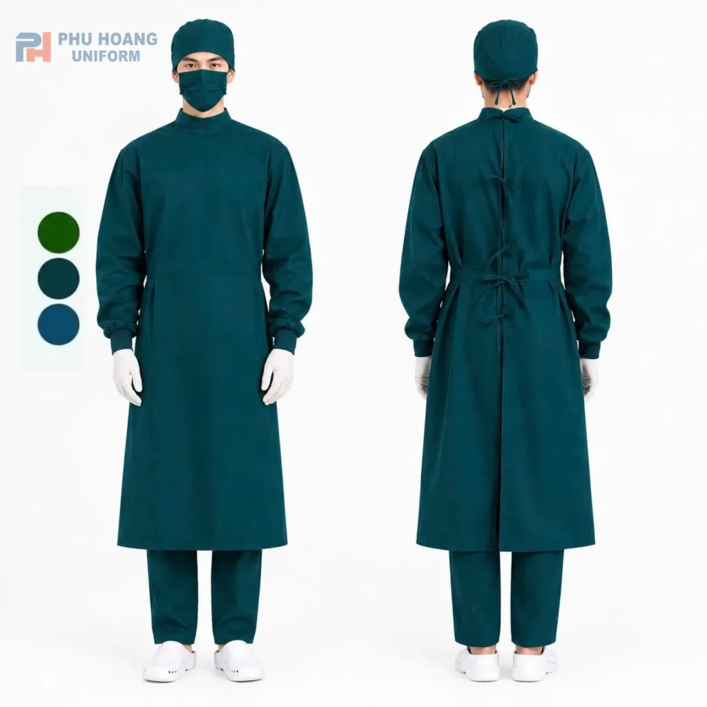 Áo choàng phẫu thuật bác sĩ Hình ảnh chi tiết mặt trước và mặt sau của mẫu áo choàng phẫu thuật y tế cao cấp màu xanh cổ vịt dành cho bác sĩ phòng mổ do Phú Hoàng Uniform sản xuất.