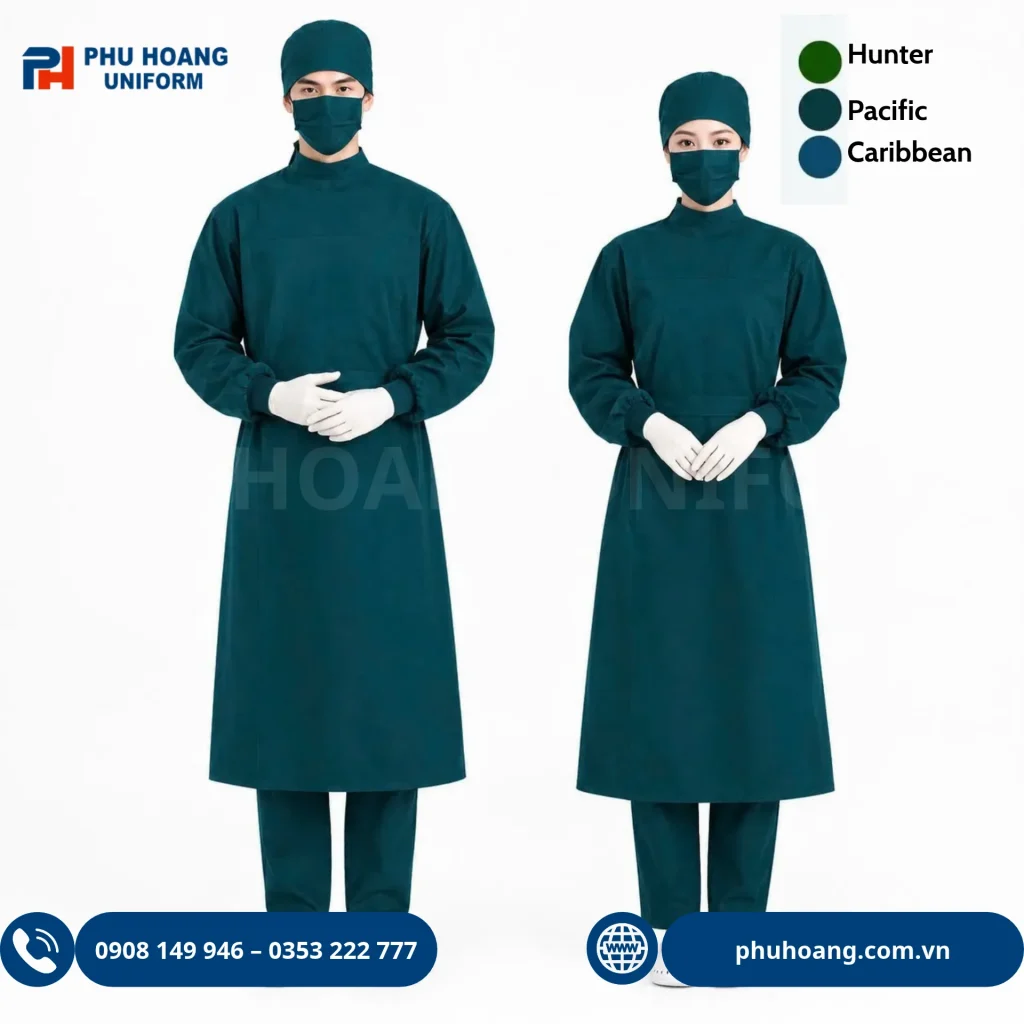 Áo choàng phẫu thuật bác sĩ Hình ảnh chi tiết mặt trước và mặt sau của mẫu áo choàng phẫu thuật y tế cao cấp màu xanh cổ vịt dành cho bác sĩ phòng mổ do Phú Hoàng Uniform sản xuất.